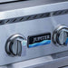 Jupiter control knobs and logo badge on the #443 stainless steel control panel