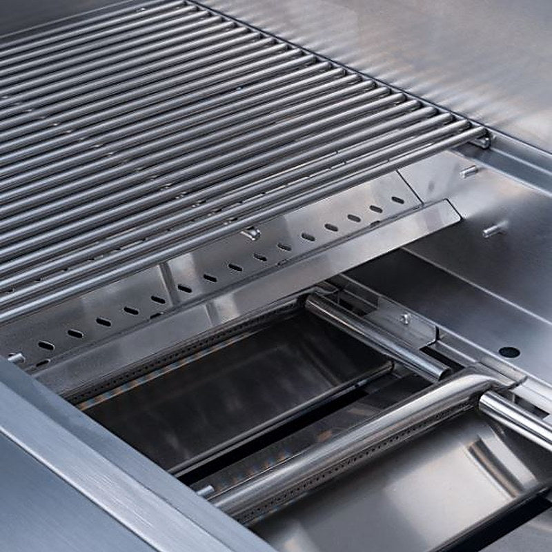 Interior of the Jupiter Classic Series grill showing stainless burners and full-coverage flame tamers