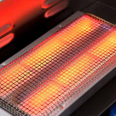 Jupiter 15,000 BTU infrared sear burner glowing at full heat
