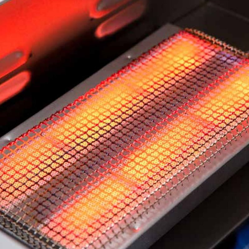 Jupiter 15,000 BTU infrared sear burner glowing at full heat