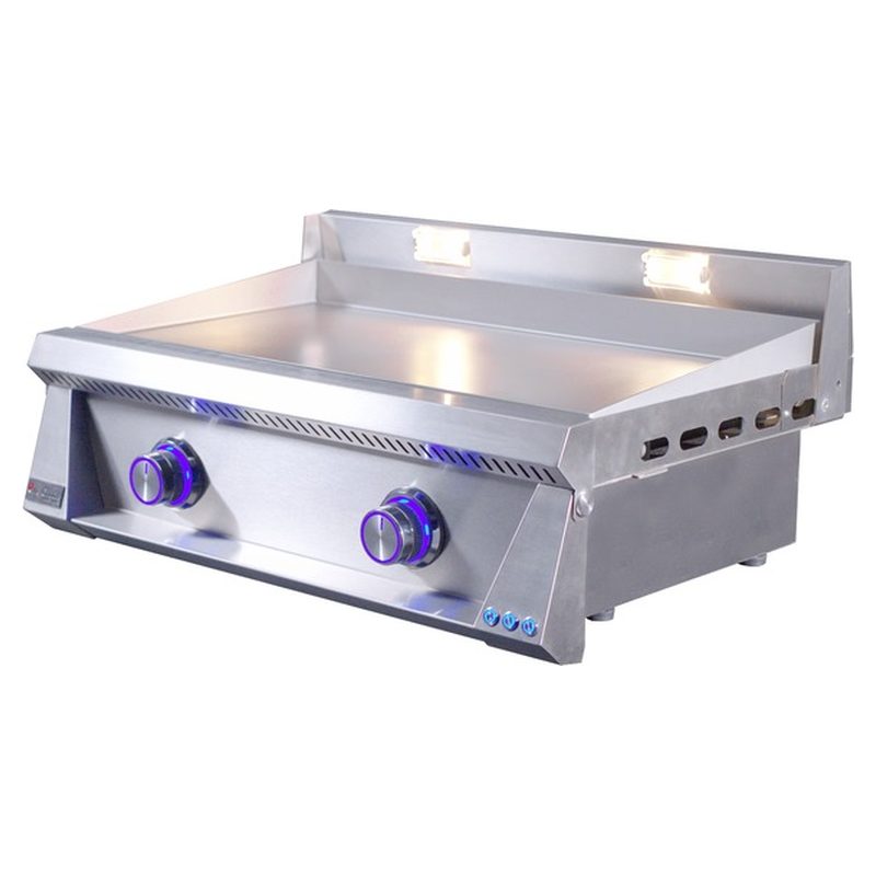 Le Griddle Pro Series 75 Blue LED Knobs Angle View Night Shot — OML75P3