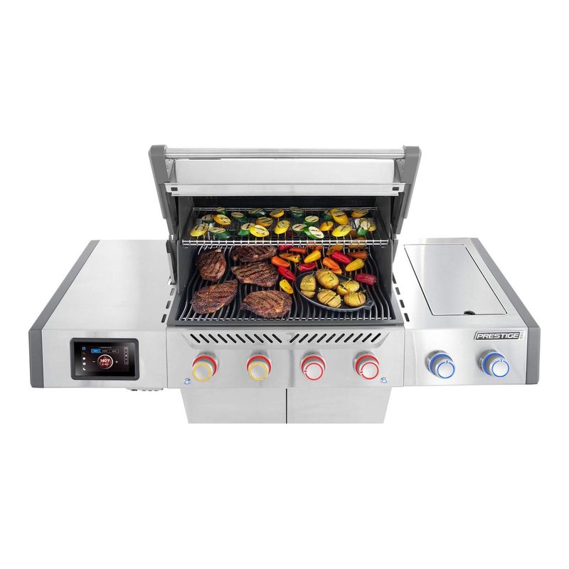 Napoleon Prestige PRO 500 Gas Grill with Food on Cooking Grates