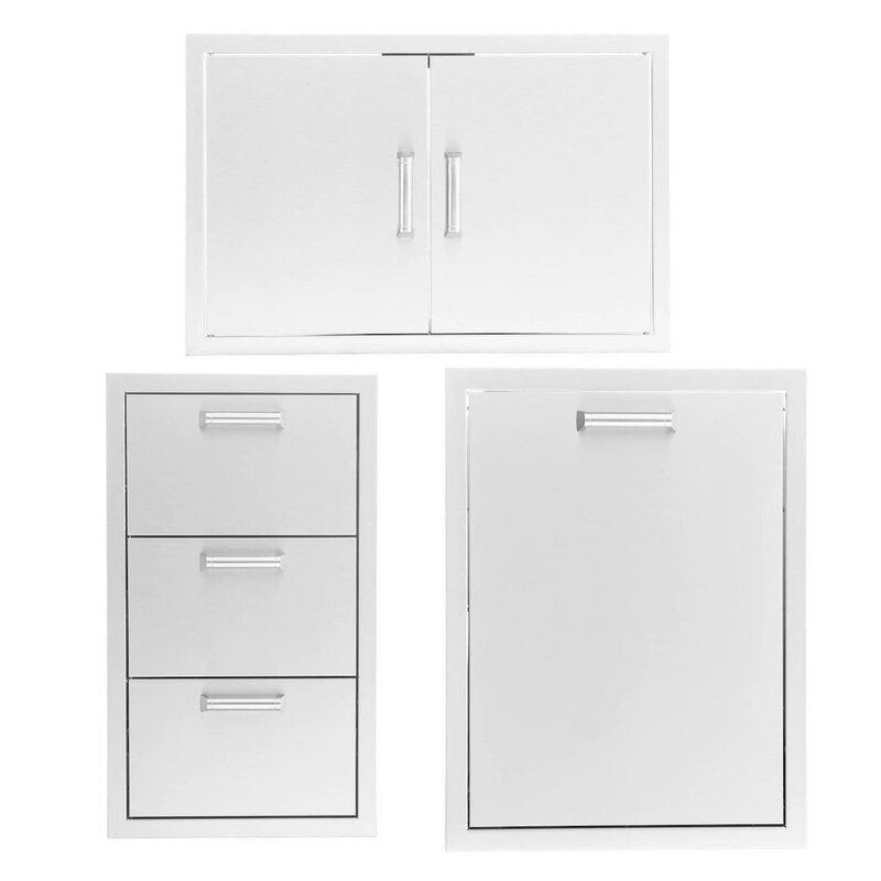 PCM 3-Piece Outdoor Kitchen Storage Package with Contempo Handles | 3-Piece 32" Double Door + Triple Drawer + Trash Bin | 304 Stainless Steel