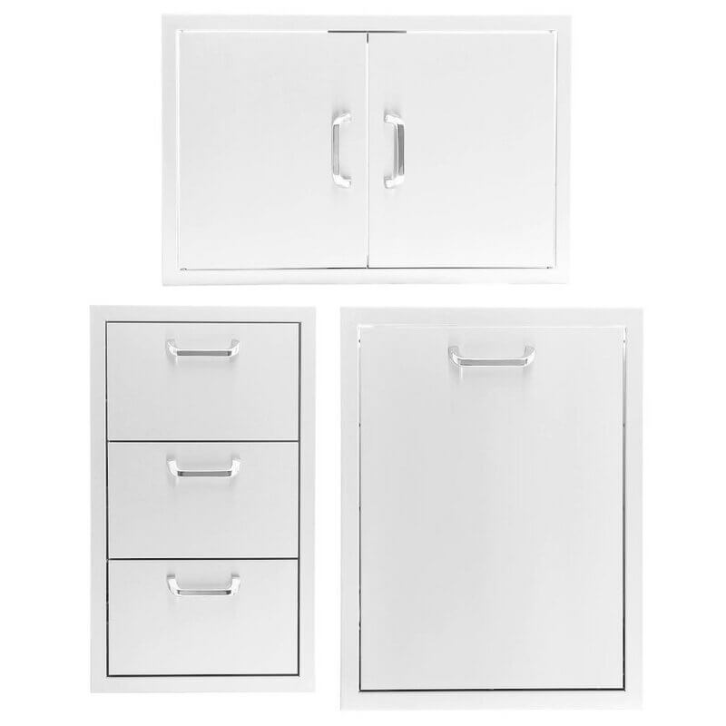 PCM 3-Piece Outdoor Kitchen Storage Package with Traditional Handles | 3-Piece 32" Double Door + Triple Drawer + Trash Bin | Made in USA, 304 Stainless Steel