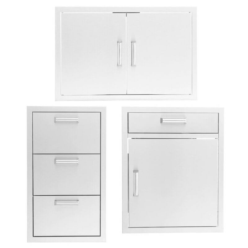 PCM 3-Piece Outdoor Kitchen Storage Package with Contempo Handles | 3-Piece 32" Double Door + Triple Drawer + Door & Drawer Combo | 304 Stainless Steel