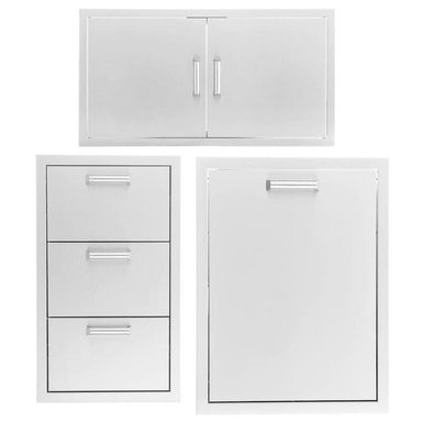 PCM 3-Piece Outdoor Kitchen Storage Package with Contempo Handles | 3-Piece 40" Double Door + Triple Drawer + Trash Bin | 304 Stainless Steel