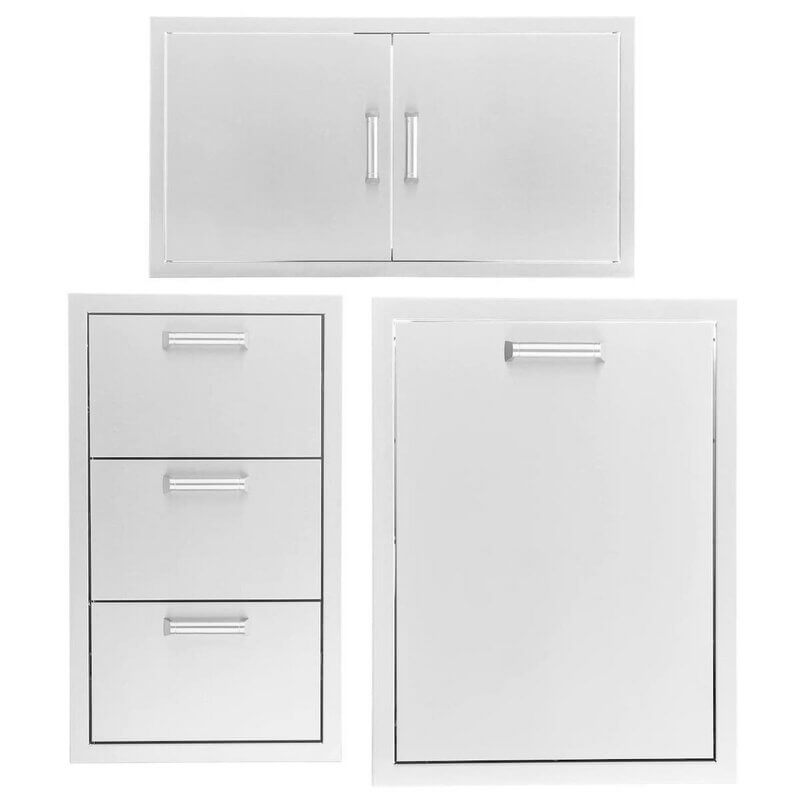 PCM 3-Piece Outdoor Kitchen Storage Package with Contempo Handles | 3-Piece 32" Double Door + Triple Drawer + Propane Tank Drawer | 304 Stainless Steel