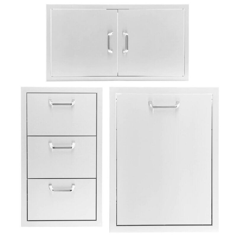 PCM 3-Piece Outdoor Kitchen Storage Package with Traditional Handles | 3-Piece 32" Double Door + Triple Drawer + Propane Tank Drawer | Made in USA, 304 Stainless Steel