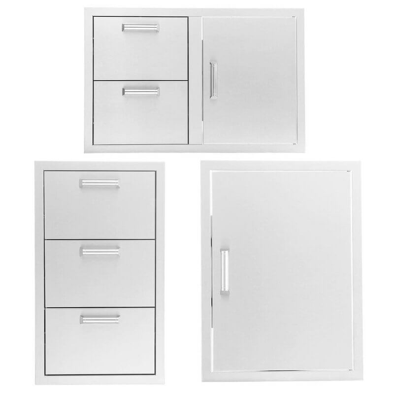 PCM 3-Piece Outdoor Kitchen Storage Package with Contempo Handles | 3-Piece 32" Double Door + Single Door + Triple Drawer | 304 Stainless Steel