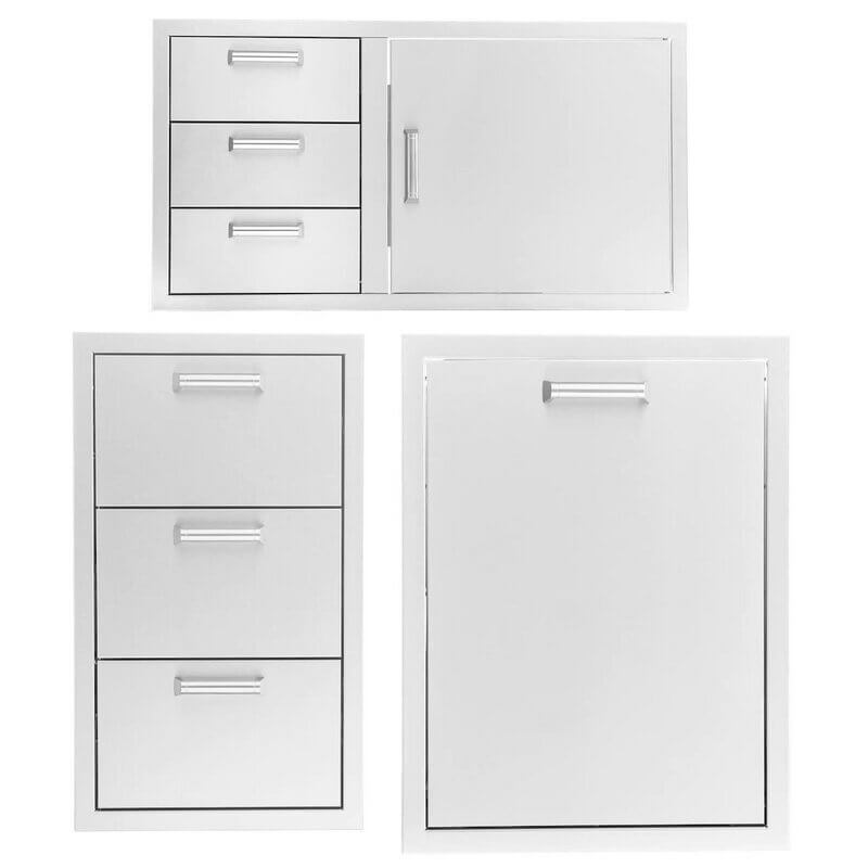 PCM 3-Piece Outdoor Kitchen Storage Package with Contempo Handles | 3-Piece 39" Door & Triple Drawer Combo + Triple Drawer + Single Door | 304 Stainless Steel