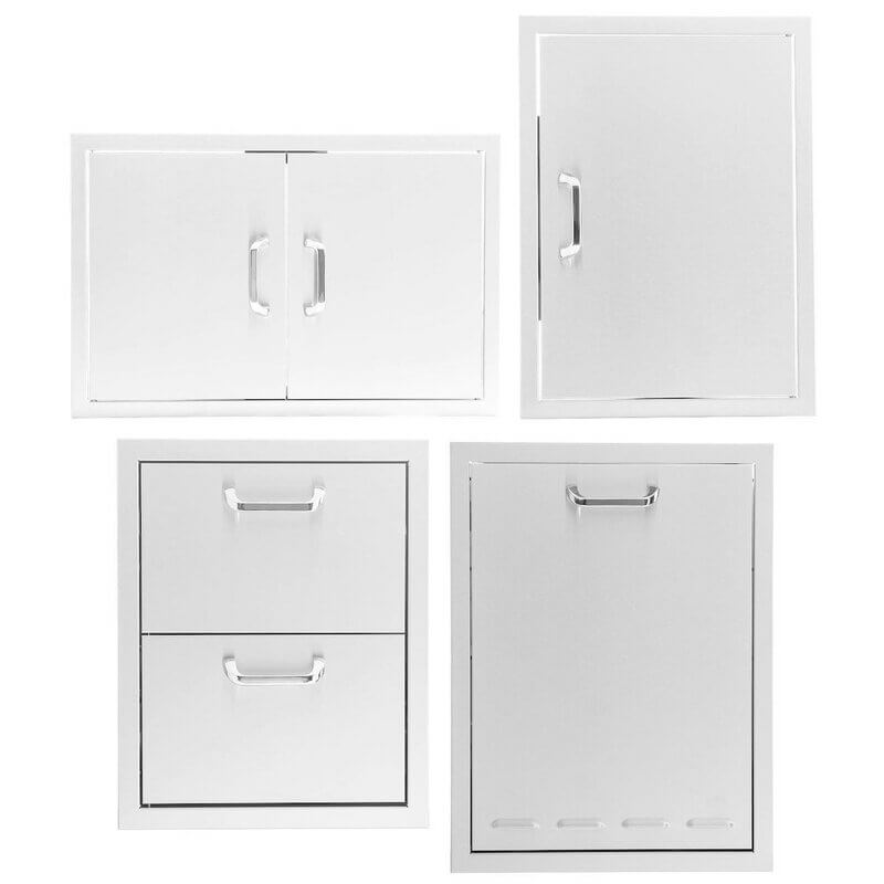 PCM 4-Piece Outdoor Kitchen Storage Package with Traditional Handles | 4-Piece 32" Double Door + Single Door + Double Drawer + Propane Door | Made in USA, 304 Stainless Steel
