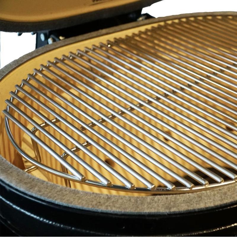 Primo PGCJRH Oval Junior 200 Ceramic Kamado Grill On Countertop Cypress Table With Stainless Steel Grates - Stainless Steel Grate in Kamado