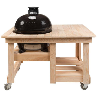 Primo PGCJRH Oval Junior 200 Ceramic Kamado Grill On Countertop Cypress Table With Stainless Steel Grates