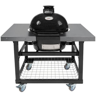 Primo PGCJRH Oval Junior 200 Ceramic Kamado Grill On Steel Cart With Side Tables And Stainless Steel Grates