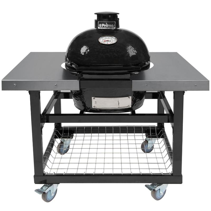 Primo PGCJRH Oval Junior 200 Ceramic Kamado Grill On Steel Cart With Side Tables And Stainless Steel Grates