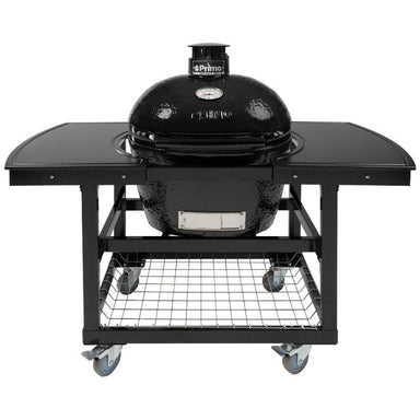 Primo PGCLGH Oval Large 300 Ceramic Kamado Grill On Steel Cart With 2-Piece Island Side Shelves And Stainless Steel Grates