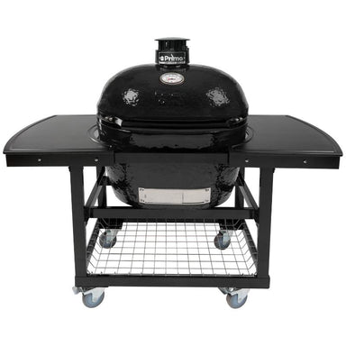 Primo PGCXLH Oval XL 400 Ceramic Kamado Grill On Steel Cart With 2-Piece Island Side Shelves And Stainless Steel Grates