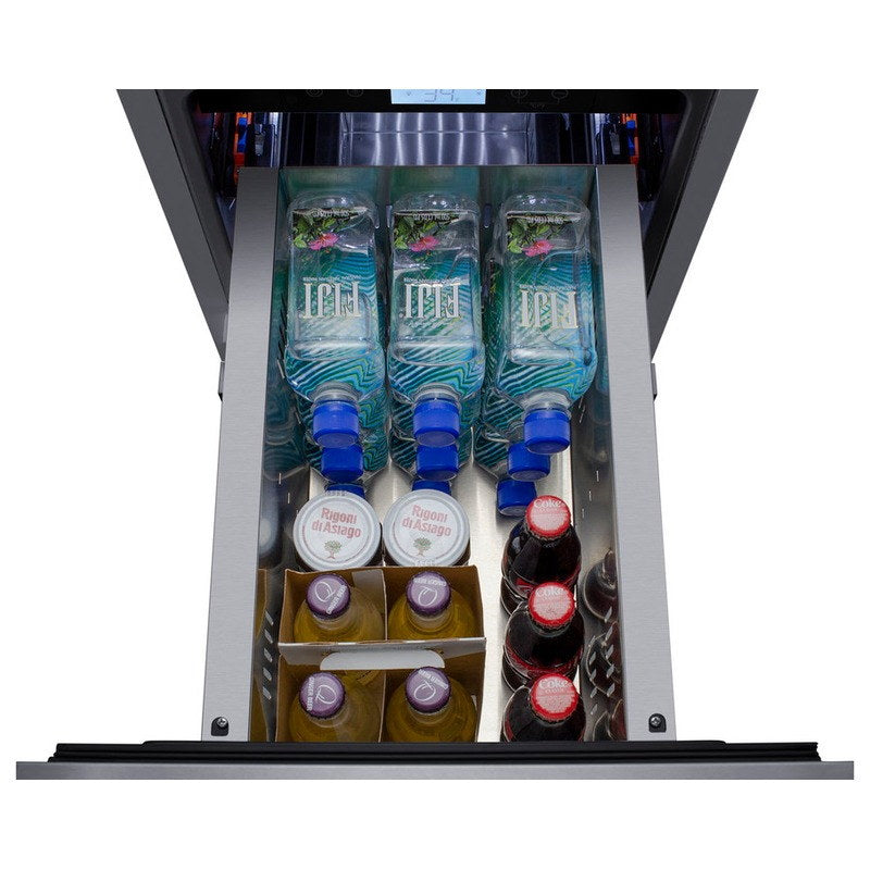 Summit ADRD15 drawers open and loaded with bottled beverages