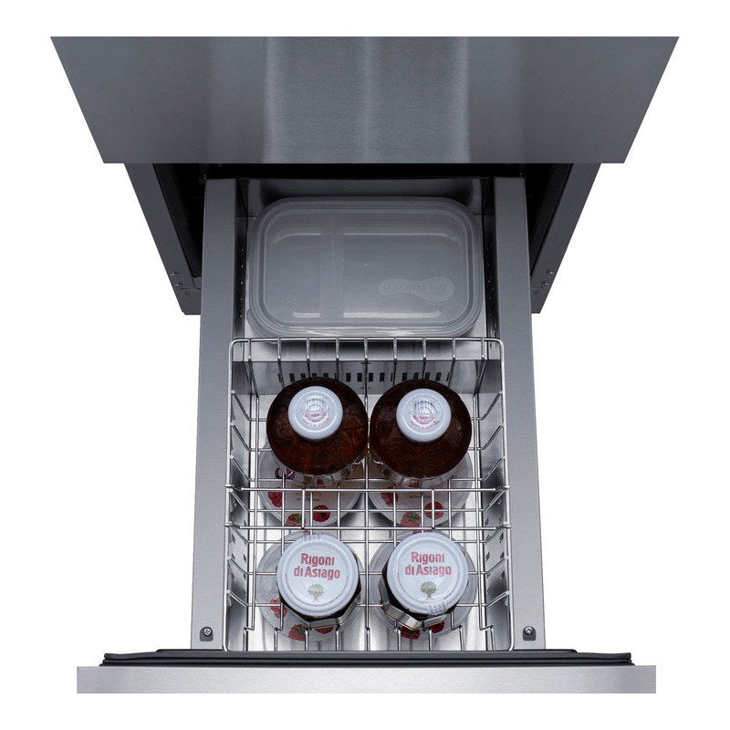 Top drawer of the Summit ADRD15 loaded with jars and cans