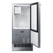 Summit BIM271OS 15-inch drain-free outdoor icemaker, door open showing the ice bin and machine