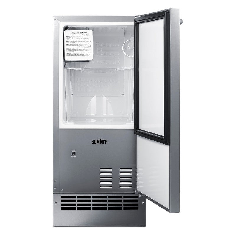 Summit BIM271OS 15-inch drain-free outdoor icemaker, door open showing the ice bin and machine