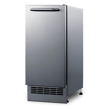 Summit BIM271OS 15-inch drain-free outdoor icemaker, stainless steel cabinet on leveling legs, angled view
