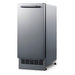 Summit BIM271OS 15-inch drain-free outdoor icemaker, stainless steel cabinet on leveling legs, angled view