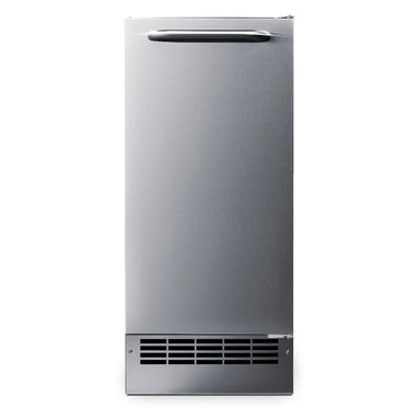 Summit BIM271OS 15-inch drain-free outdoor icemaker, stainless steel cabinet and louvered grille, front view