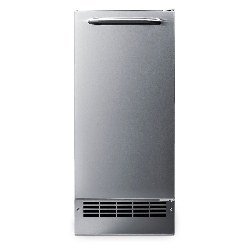 Summit BIM271OS 15-inch drain-free outdoor icemaker, stainless steel cabinet and louvered grille, front view