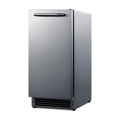 Summit BIM27OSADA 15-inch ADA height drain-free outdoor icemaker, stainless steel cabinet, angled view
