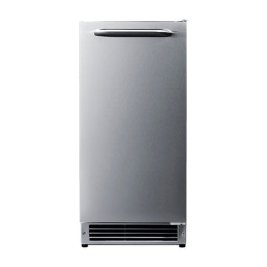 Summit BIM27OSADA 15-inch ADA height drain-free outdoor icemaker, stainless steel cabinet and louvered grille, front view