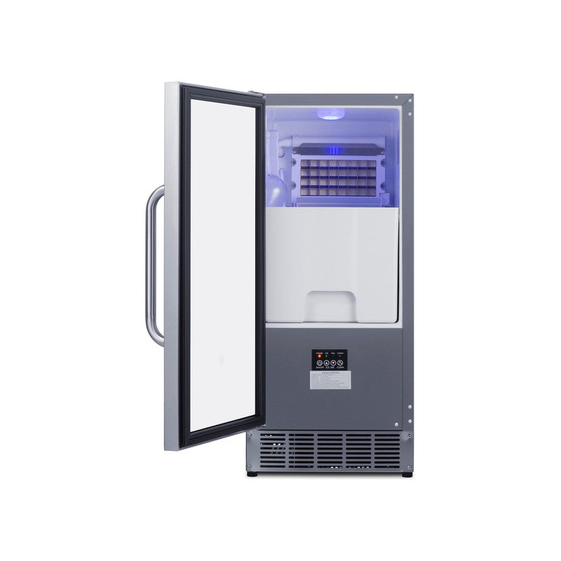 Summit BIM47OS 15-inch built-in outdoor clear icemaker, door open showing the ice bin and machine