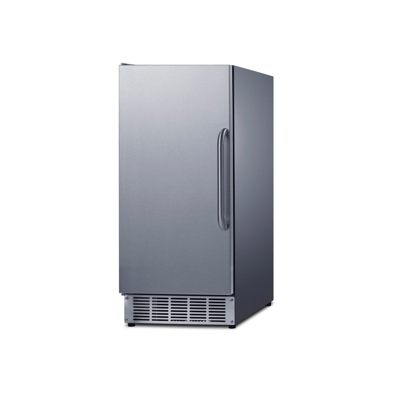 Summit BIM47OS 15-inch built-in outdoor clear icemaker, stainless steel cabinet, angled view