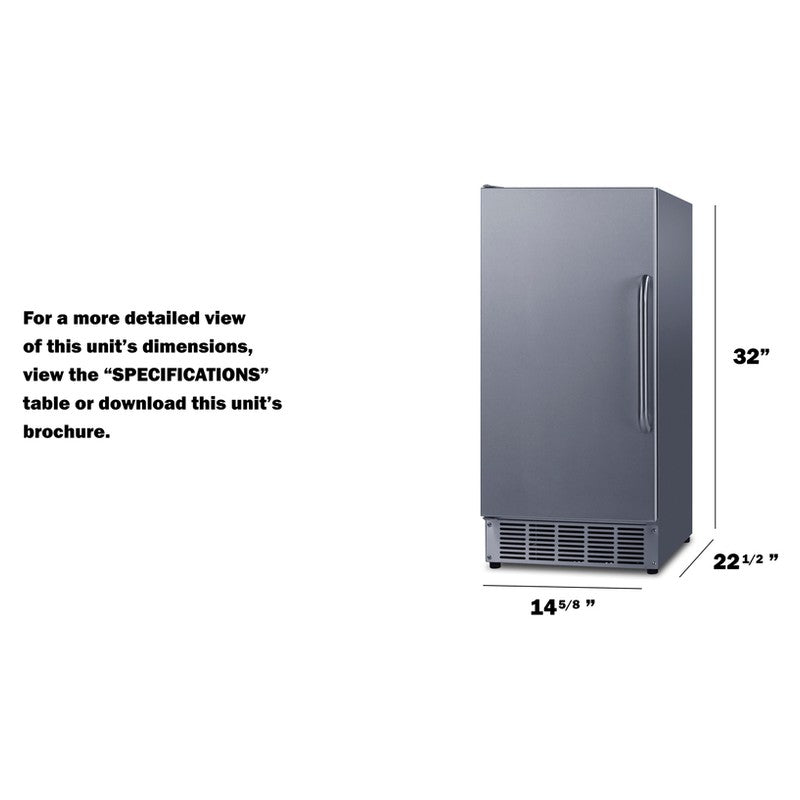 Summit BIM47OSADA 15-inch ADA height built-in outdoor clear icemaker, dimensioned line drawing