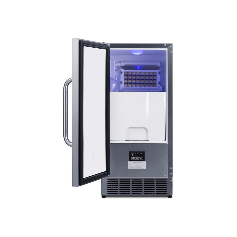 Summit BIM47OSADA 15-inch ADA height built-in outdoor clear icemaker, door open showing the ice bin and machine