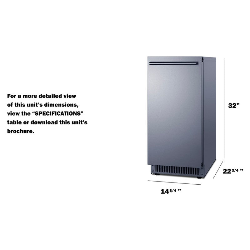 Summit BIM63OSADA 15-inch ADA height outdoor clear icemaker, dimensioned line drawing