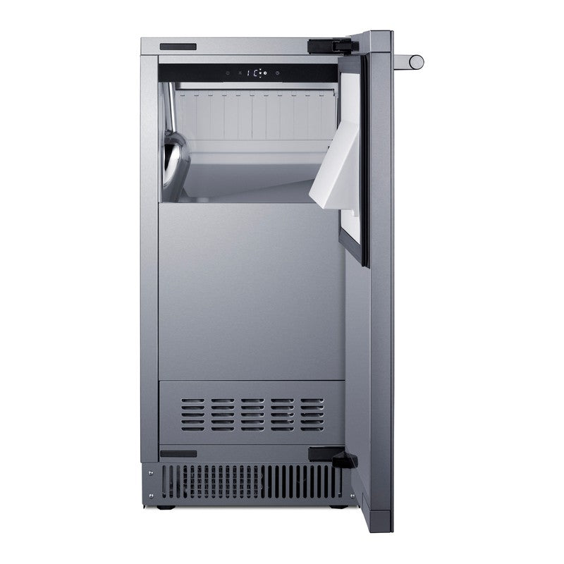 Summit BIM63OSADA 15-inch ADA height outdoor clear icemaker, door open showing the ice bin and machine