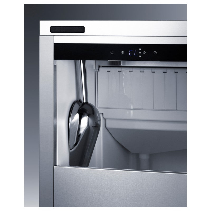 Summit BIM63OSADA 15-inch ADA height outdoor clear icemaker, interior ice bin with scoop, detail view