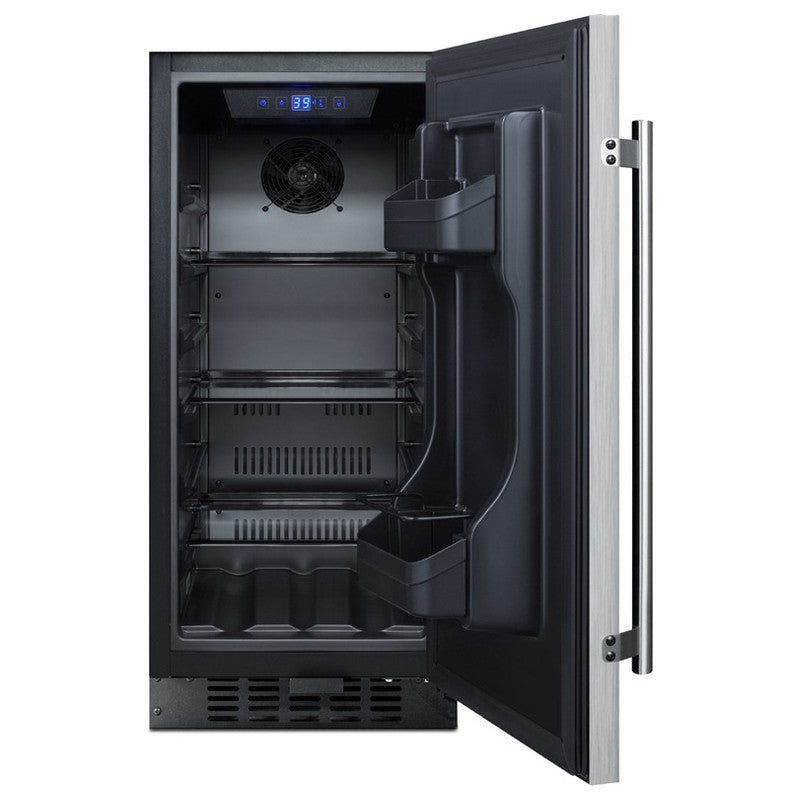 Summit SPR316OS 15-inch outdoor all-refrigerator, door open showing empty interior