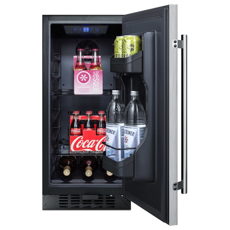 Summit SPR316OS 15-inch outdoor all-refrigerator, door open, stocked with food and drinks