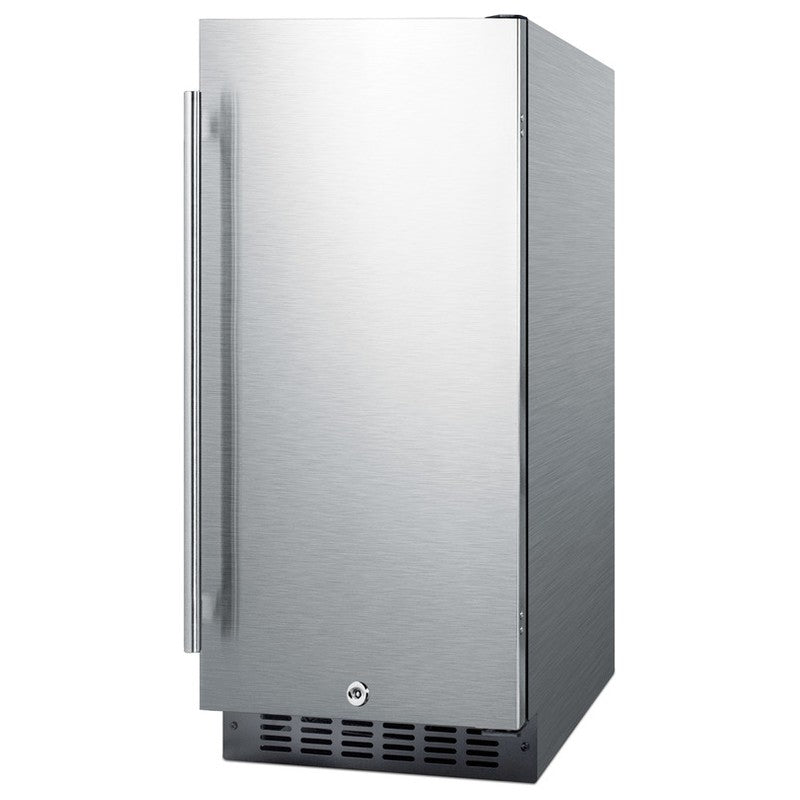 Summit SPR316OSCSS 15-inch outdoor all-stainless all-refrigerator, angled view