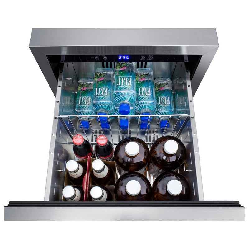 Summit ADRD18 drawer refrigerator open and loaded with bottled beverages