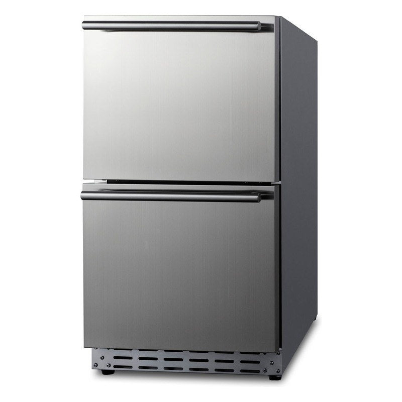 Angled view of the Summit ADRD18 18-inch ADA 2-drawer all-refrigerator with stainless drawers