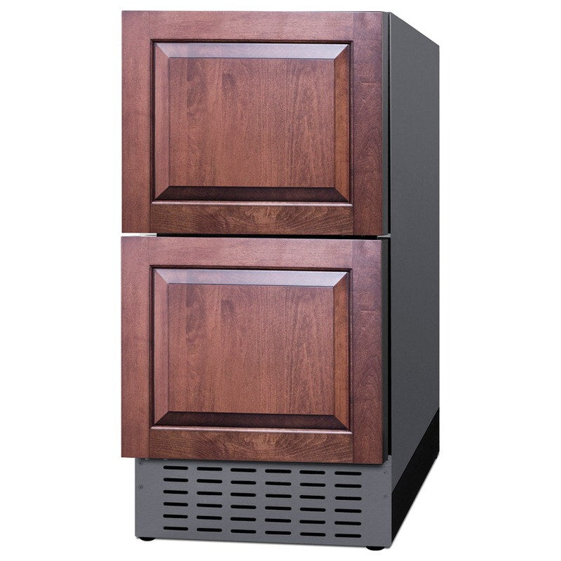 Angled view of the Summit ADRD18H34 with custom wood overlay panels