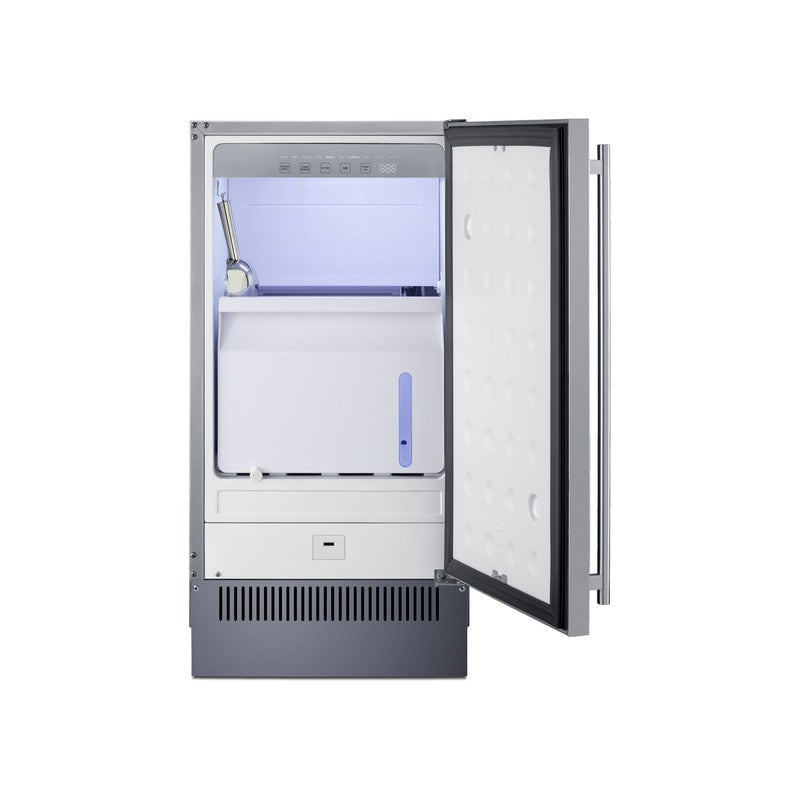 Summit BIM182OS 18-inch outdoor clear icemaker, door open showing the ice bin and machine