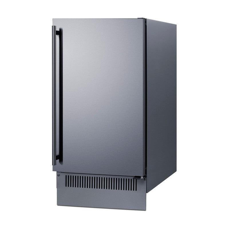 Summit BIM182OS 18-inch outdoor clear icemaker, stainless steel cabinet, angled view