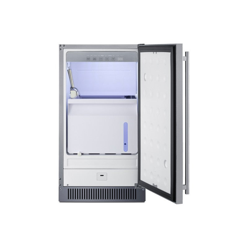 Summit BIM182OSADA 18-inch ADA height outdoor clear icemaker, door open showing the ice bin and machine