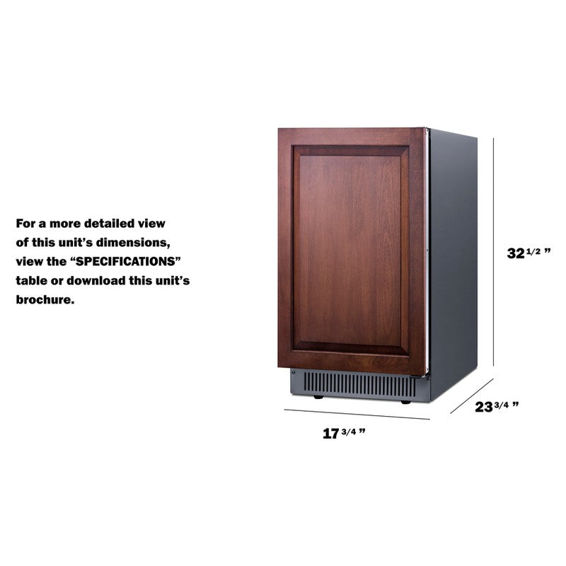 Summit BIM182OSADAIF 18-inch ADA panel-ready outdoor clear icemaker, dimensioned line drawing