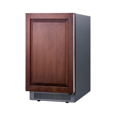 Summit BIM182OSADAIF 18-inch ADA panel-ready outdoor clear icemaker, shown with wood overlay panel, angled view