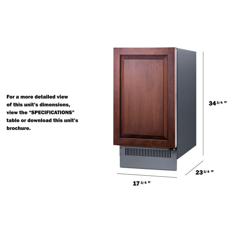 Summit BIM182OSIF 18-inch panel-ready outdoor clear icemaker, dimensioned line drawing